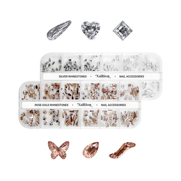Nailtion 3D Nail Accessories - Assorted Rose Gold and Silver Rhinestones