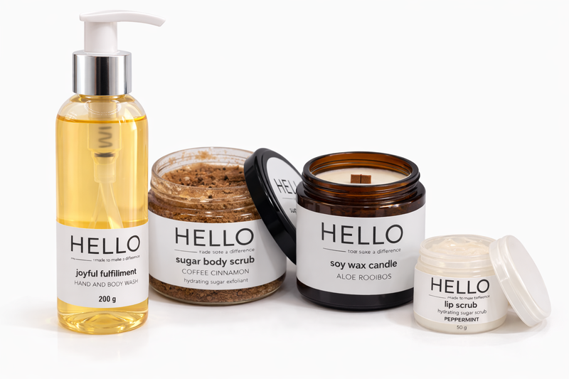 HELLO Self-Care Gift Set - Body Wash, Coffee Scrub, Lip Scrub &amp; Soy Candle