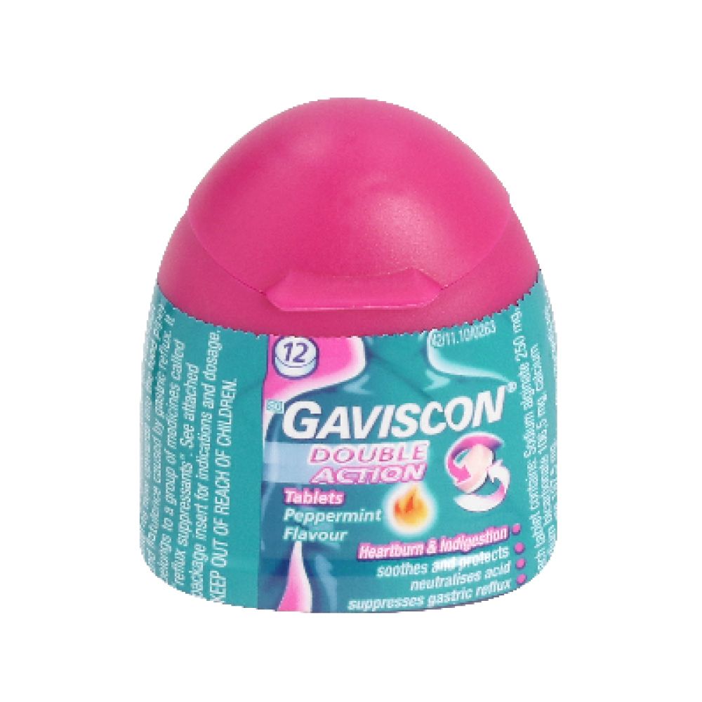 gaviscon double action mint heartburn and indigestion chewable tablets 48s