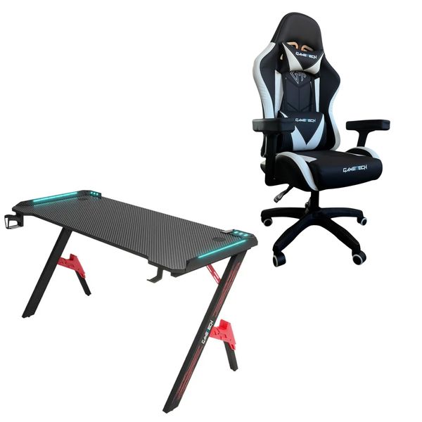 Premium Black &amp; White Gaming Chair &amp; Gaming Table - Level Up Gaming Bundle