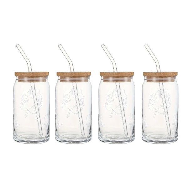 4-Pack Leaf Print Glass Jar with Lid and Straw - Transparent