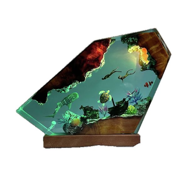 ZELTRYN Whale Shark &amp; Turtle Resin Ornament Wood Base Night Light