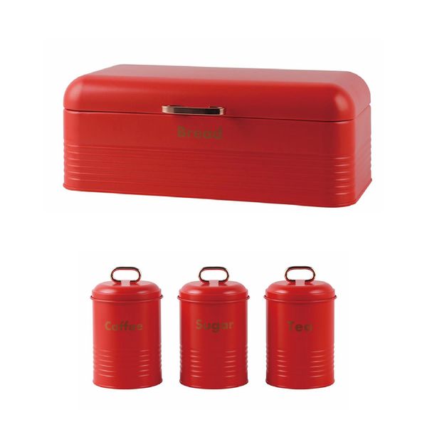 Gold Handle Bread Bin And Canister Set - Red