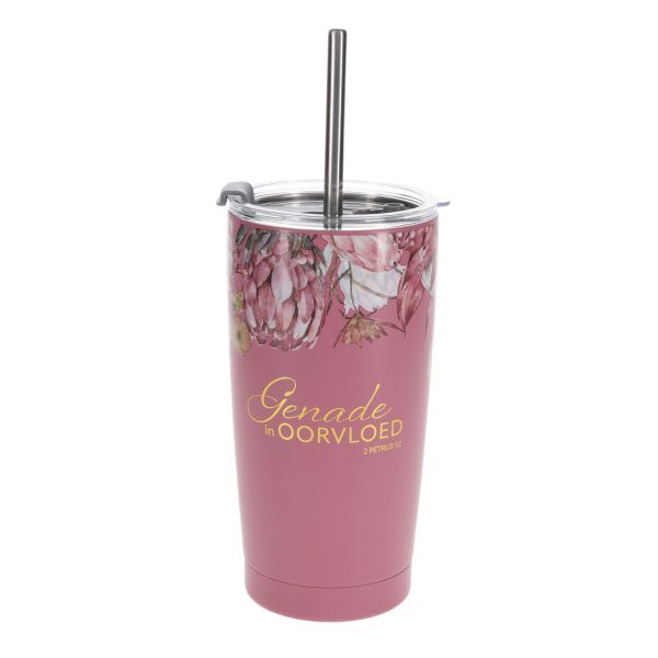 Stainless Steel Travel Mug with Straw - Genade in Oorvloed, Pink, Fynbos