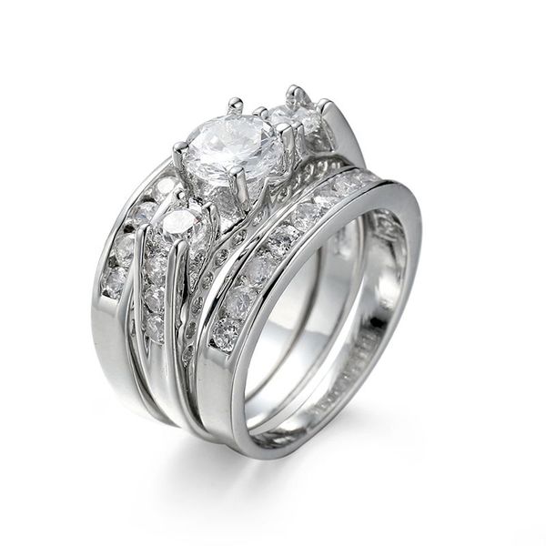 3 Piece Sterling Silver Multi Row Bridal Cubic Zirconia Ring Set