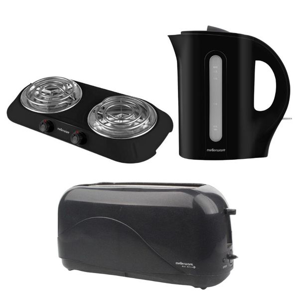 Mellerware - Double Hotplate, 1.7L Corded Kettle &amp; 4 Slice Toaster - Black