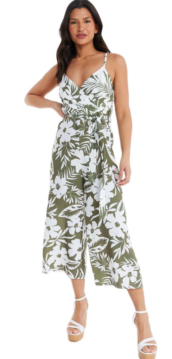 Quiz Ladies Khaki Tropical Print Culotte Jumpsuit Shop Today. Get