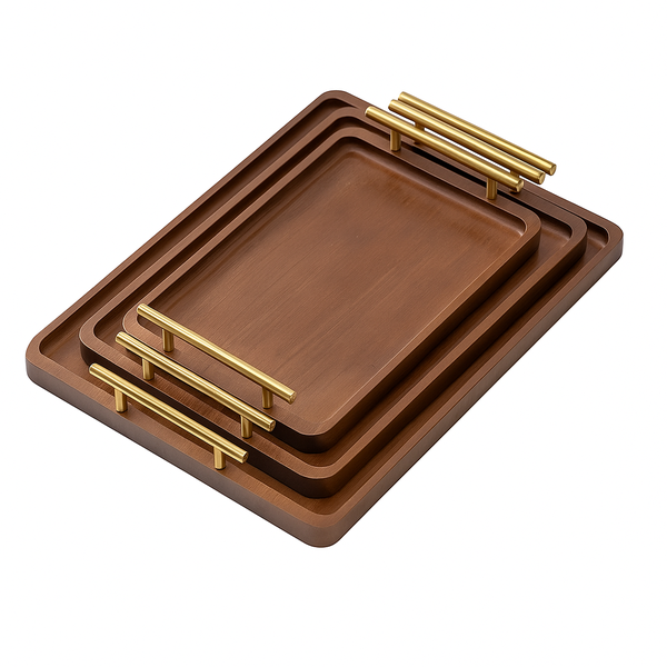 3 Piece Brown Wooden Serving Trays with Gold Handles