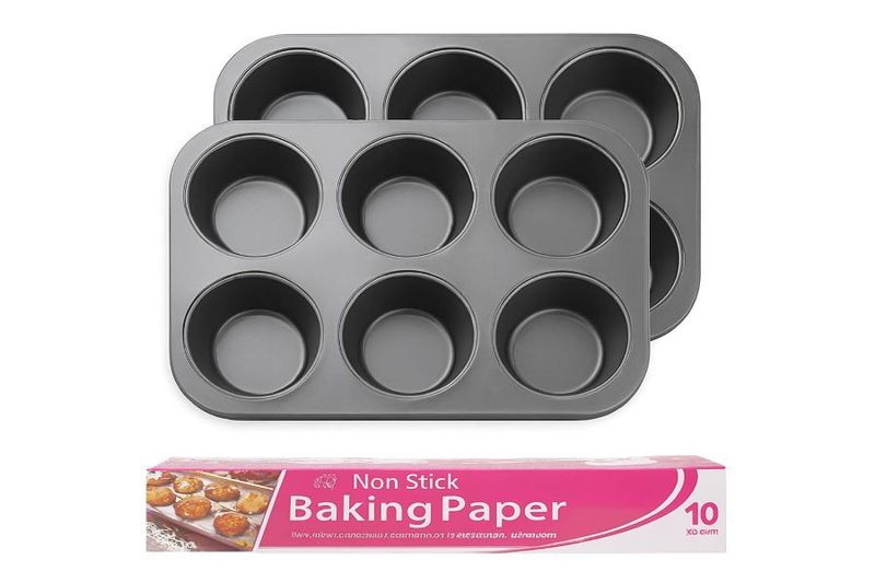 Giant Muffin Pan Non-Stick 6 Cup - Set of 2 Pans with 10m Baking Paper