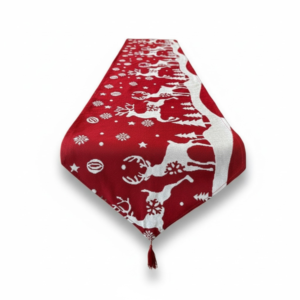 Festive Red Christmas Table Runner Reindeer Snowflake Design 30 cm x 180 cm