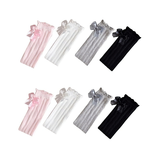 4 Pairs Girl's Thigh High Lace Socks with Bow Princess Overknee Stockings
