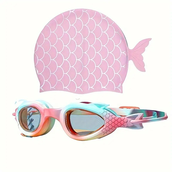 Kids' Cartoon Swim Goggles &amp; Silicone Cap Set
