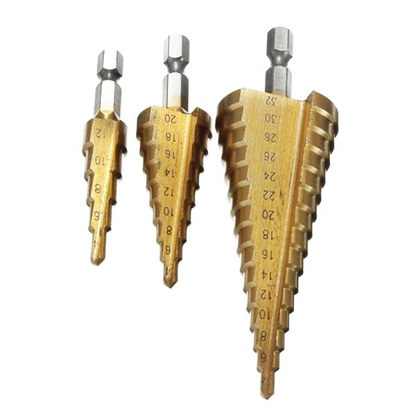 3 Piece Titanium Coated Hss Step Drill Bit Set Metric 4 - 12 / 20 / 32mm