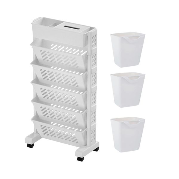 6 Tier Rolling Book Storage Organizer with 3 Hanging Baskets