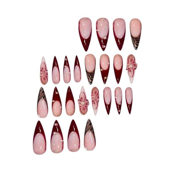 24 Piece Stiletto Shaped Press On Nails With Gems - Pink &amp; Burgendy