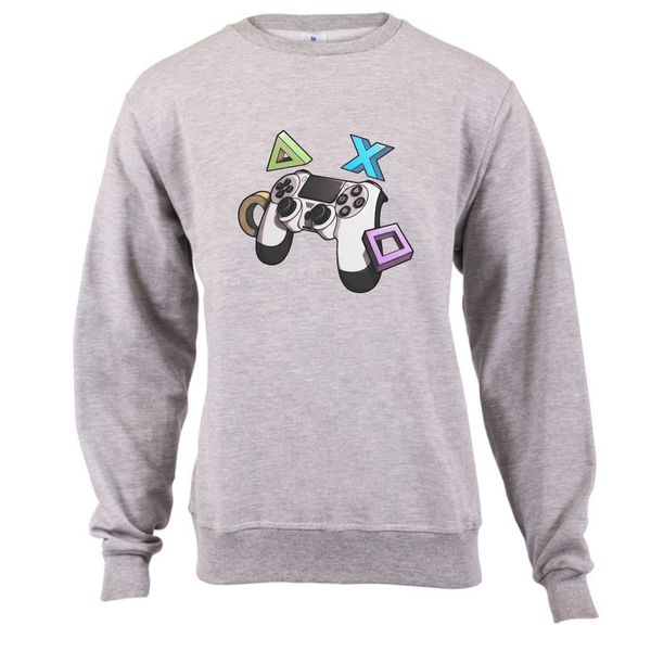 Grey Crew Neck Sweatshirt Fleece Cotton - Playstation Graphic Controller