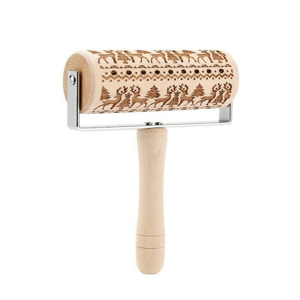 Wooden Christmas Pattern Embossed Rolling Pin
