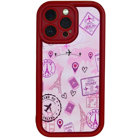 Phone Case with Travel Theme & Pro Cam - Iphone 15 Pro - Pink Burgundy Image