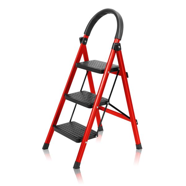 3-Step Stainless Steel Folding Step Ladder with Handgrip Non-Slip