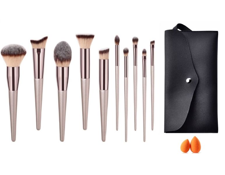 12Piece Champagne Makeup Wood Handle Brush Make Up Foundation Sponges Set