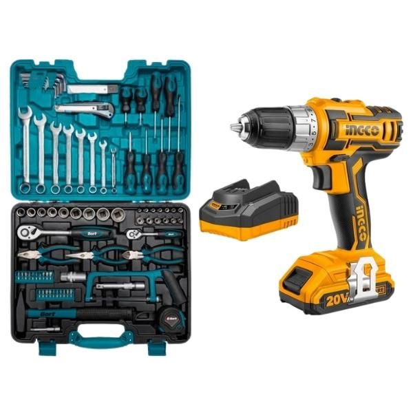 Ingco - Cordless Drill Combo (20V) and Mechanics DIY Hand Tool Set 90 Piece