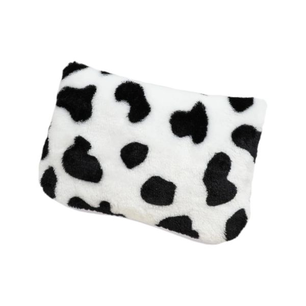 Mini Cow Patterned Soft Fuzzy Zipper Coin Purse - White/Black