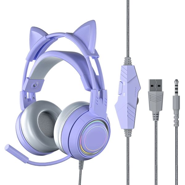 Cat Ear Headphones with Noise Reduction Mic All Wrapped Earcups Purple
