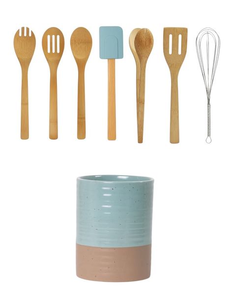 x8-Piece Brown &amp; Green Bamboo Kitchen Tools Set with Ceramic Holder.