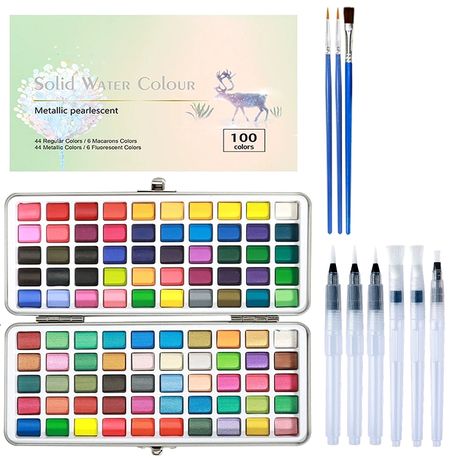 100 Colours watercolour paint set with 6pc water brush pen set