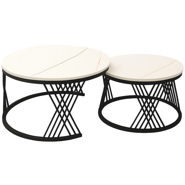 2-Piece Round Coffee Table Set - Marble Look with Metal Frame