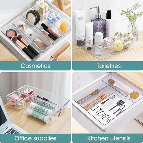 7/14 Pcs Drawer Organizers Set Clear Plastic Desk Dividers Bins Bedroom Dresser Office Storage Box For Makeup Jewelries Gadgets