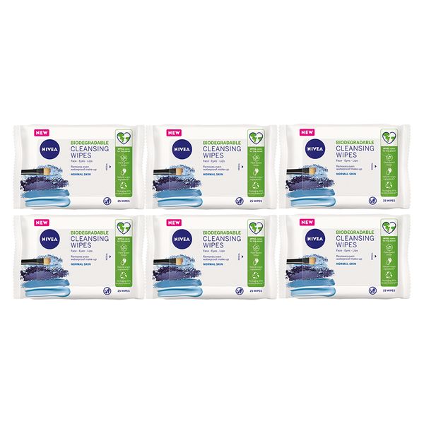 NIVEA Biodegradable Cleansing Wipes, Plant-based Face Wipes, 6x25 Wipes