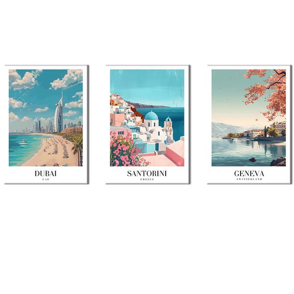 Canvas-Art-3 Pieces Santorini, Dubai &amp; Geneve VintageTravel Wall Art