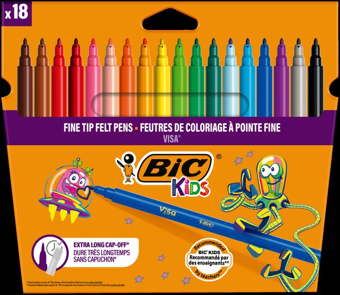 BIC Kids Visa Fine Felt Tip Pens - Assorted Colours, Pack of 18