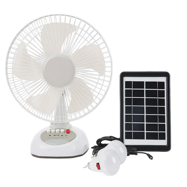 12-Inch Solar Rechargeable Desk Fan with Built-in LED Light &amp; Light Bulbs