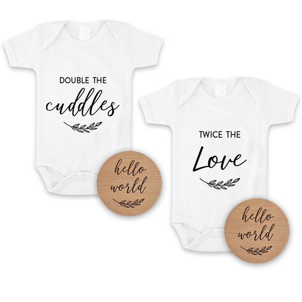 Cuddles And Love Twin Pregnancy Announcement Onesies &amp; Hello World Discs