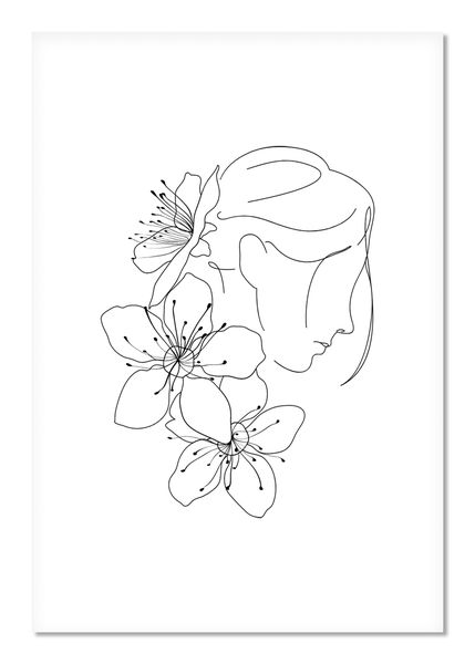 Wall Art: Line Art - Abstract Face with Flowers