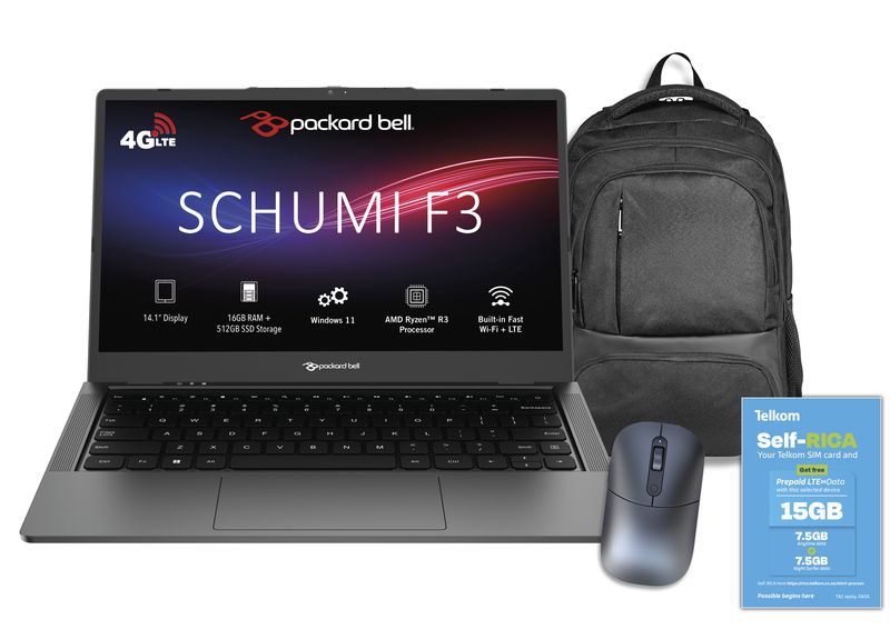 Packard Bell Schumi 14.1" LTE Ryzen 3 16GB 512GB SSD Bundle bag mouse &amp;data