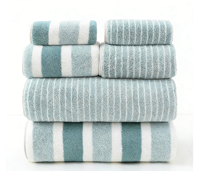 Coral Fleece Towel Set - Teal Striped Variant - 6-Piece Set