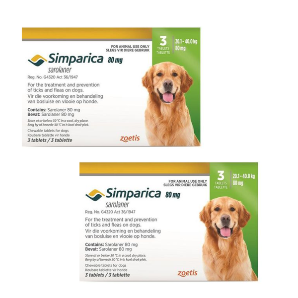 SIMPARICA 80mg Green 20.1-40.0kg 3 Chewable Tick &amp; Flea Tablets - 2 Pack