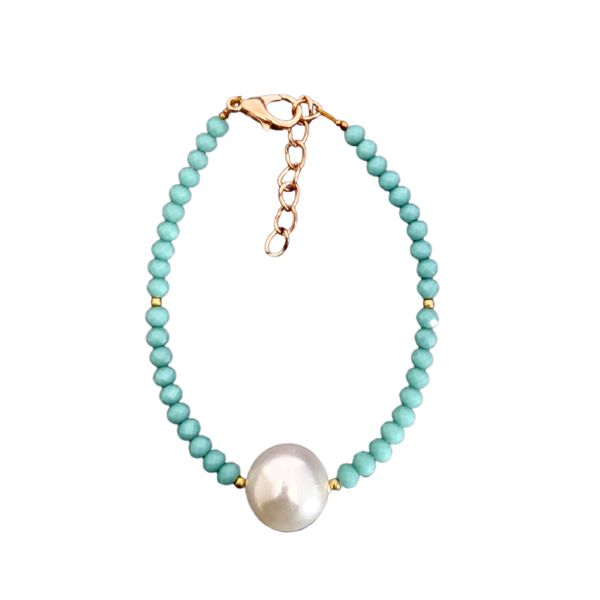 Shell Pearl and Blue Crystals Stainless Steel Bracelet