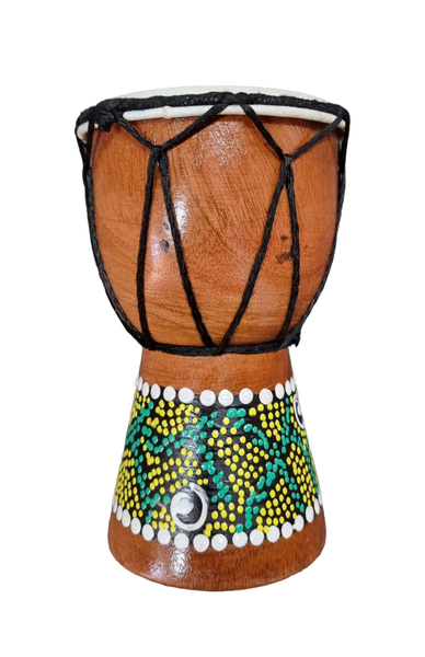 Ornament Mini Djembe Hand/Finger Drum - Green Yellow Dots - 15cm x 10cm