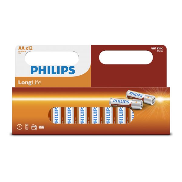 Philips - Longlife Zinc AA Batteries 1.5V 12 Pack Window
