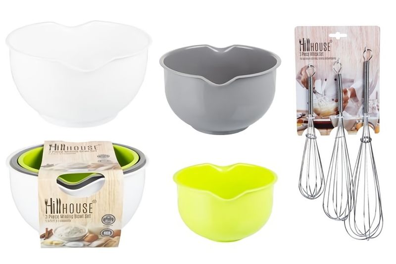 3pc Whisk Stainless Steel 30cm + 3pc Mixing Bowls Set Plastic 1.5l/2l/2.5l