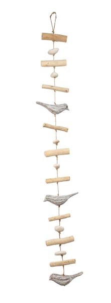Hanging Decor Grey Wooden Birds, Stone &amp; Driftwood - 100cm