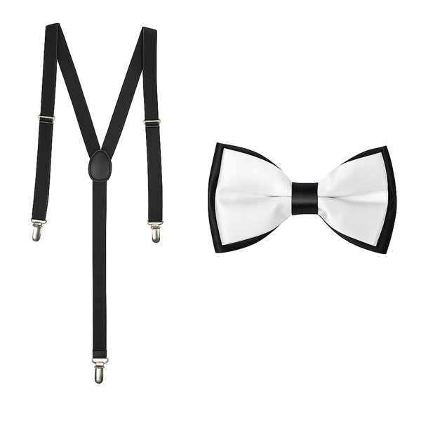 Black and white bowtie bow tie with a black suspendor