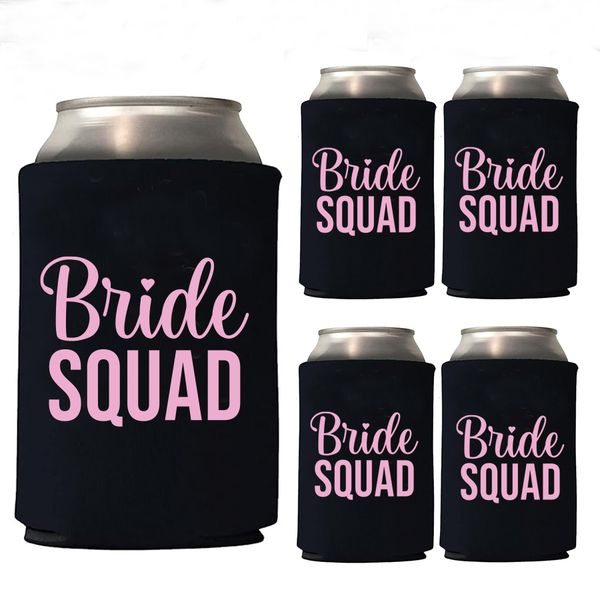 Black &amp; pink bride squad can cooler sleeves for hen parties - set of 5