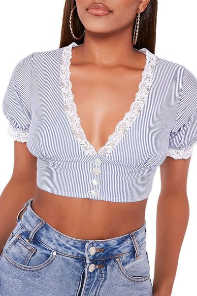 I Saw it First - Ladies Blue Pinstripe Lace Trim Button Front Crop Top