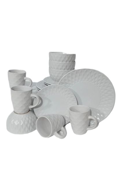 Dream World 16 Piece Embossed Ceramic Dinnerware Set - White