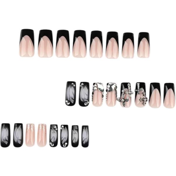French Style Cool Black Nail Art With Rhinestone False Nails